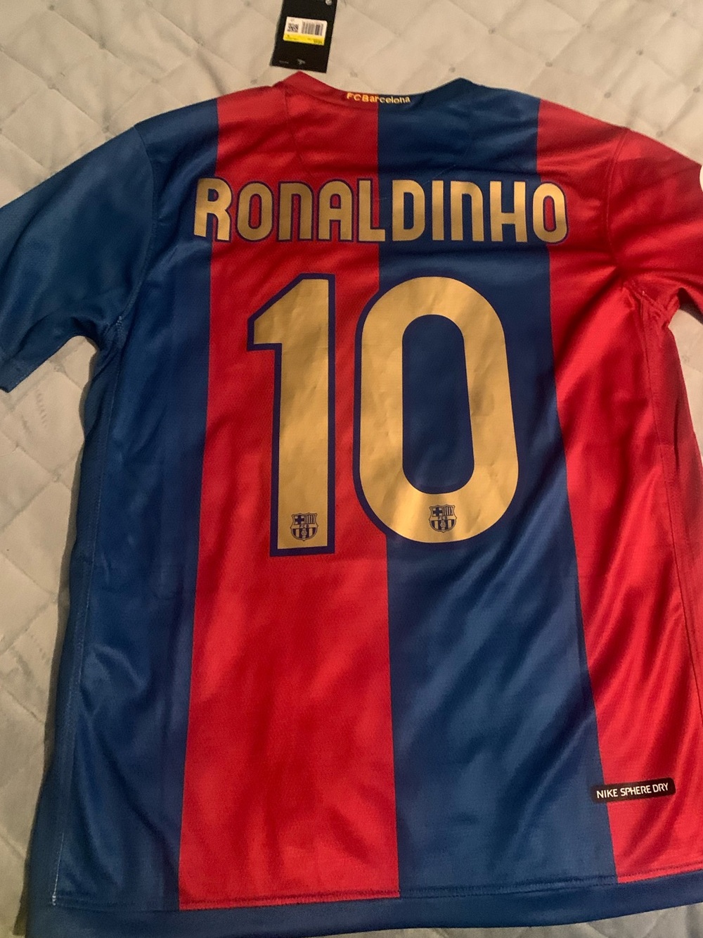 Nike FC Barcelona Ronaldinho Red & Blue Home Soccer Jersey with Gold Trim